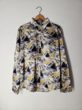 Zeroyaa men's button down satin shirt sz M abstract artistic party long sleeves